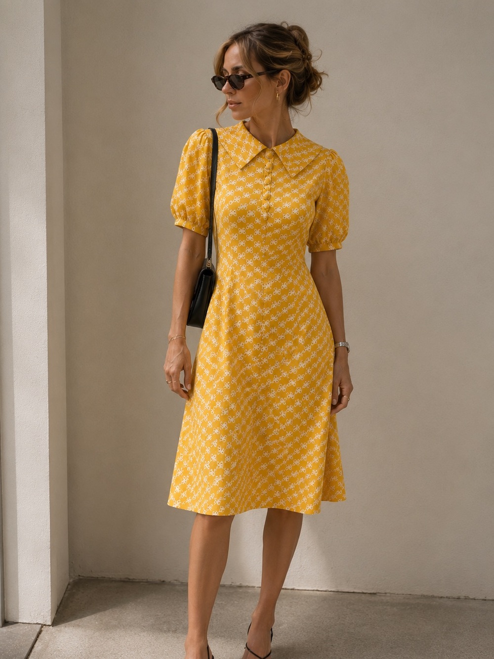 Vintage Enswer Yellow Eyelet Embroidered Midi Dress Peter Pan Collar Puff Sleeve